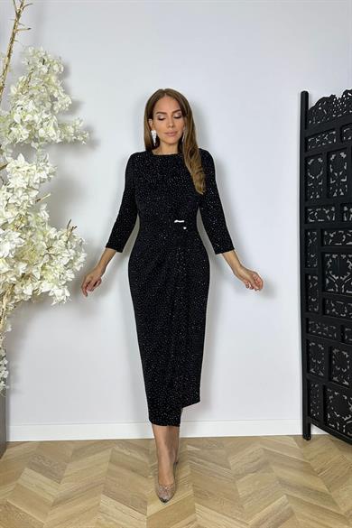 G1565 Taş ve Broş Detaylı Abiye Elbise Siyah