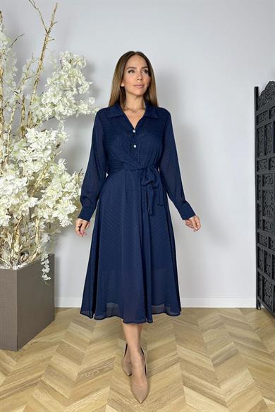 G1568 Düğme Detaylı Desenli Şifon Elbise Lacivert