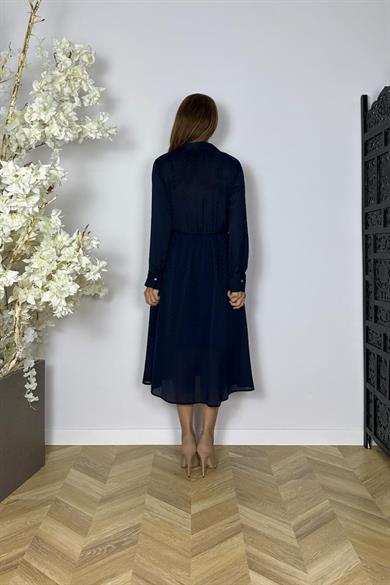 G1568 Düğme Detaylı Desenli Şifon Elbise Lacivert