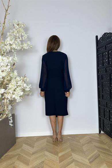 G1571 Şifon Kol Düğme Detaylı Elbise Lacivert