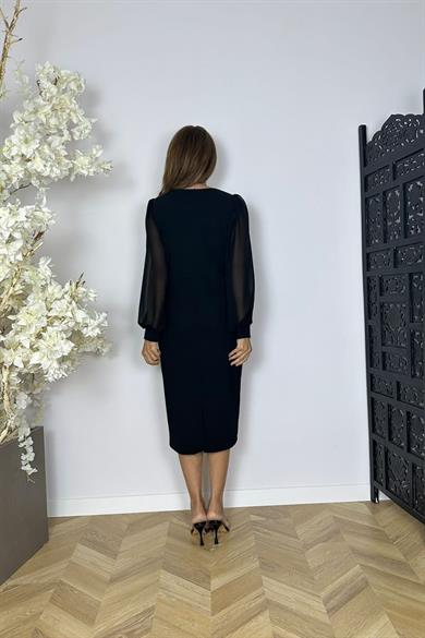 G1572 Yaka Detaylı Şifon Kol Abiye Elbise Siyah