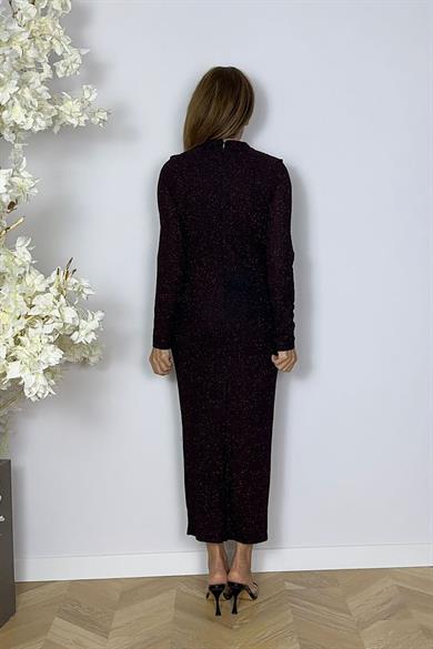 G1591 Yaka Detaylı Simli Abiye Elbise Bordo