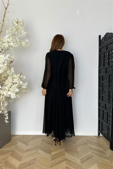 G1594 Payet Detaylı Şifon Abiye Ebise Siyah