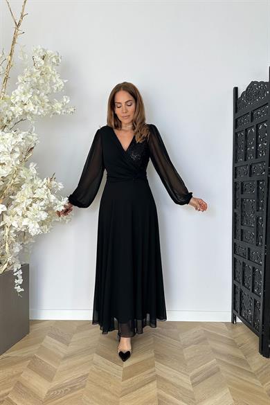 G1594 Payet Detaylı Şifon Abiye Ebise Siyah