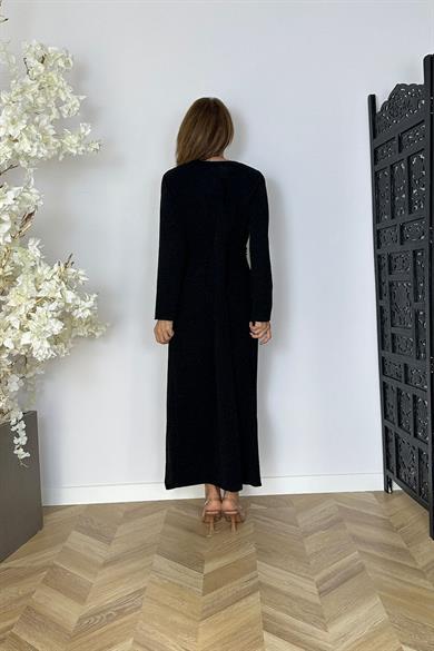 G1597 Taş Detaylı Simli Abiye Elbise Siyah