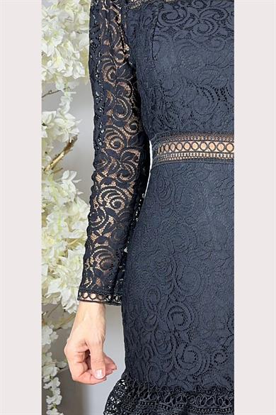 G1604 Dantel Tasarım Elbise Siyah