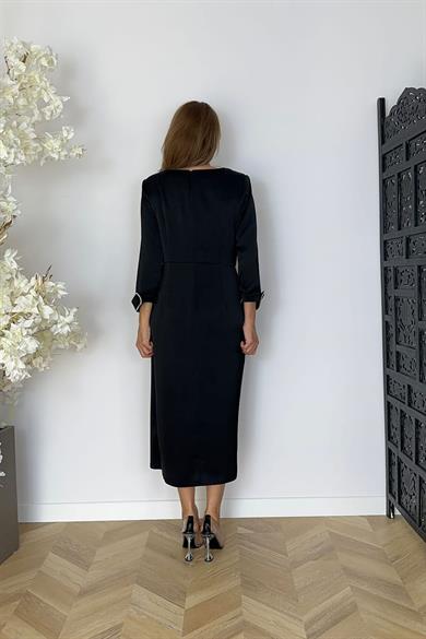 G1605 Taş ve Drape Detaylı Abiye Elbise Siyah