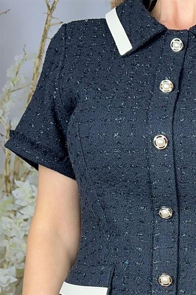 G1606 Düğme Detaylı Tüvit Elbise Siyah