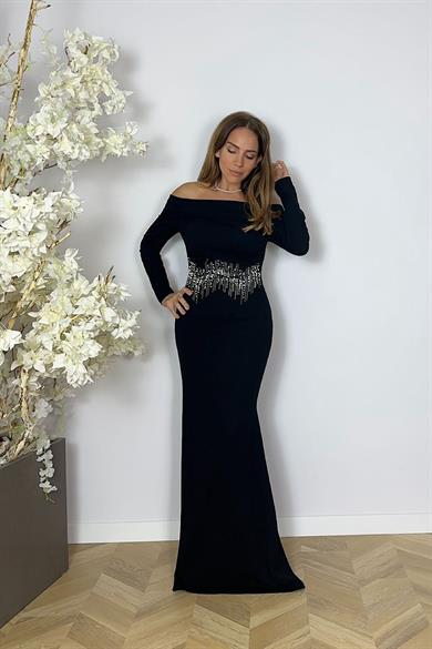 G1608 Madonna Yaka İnci ve Taş Detaylı Abiye Elbise Siyah