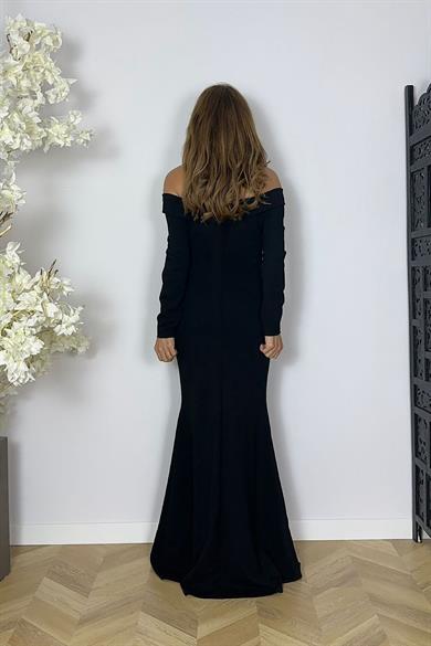 G1608 Madonna Yaka İnci ve Taş Detaylı Abiye Elbise Siyah