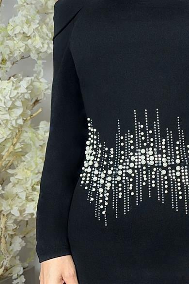 G1608 Madonna Yaka İnci ve Taş Detaylı Abiye Elbise Siyah