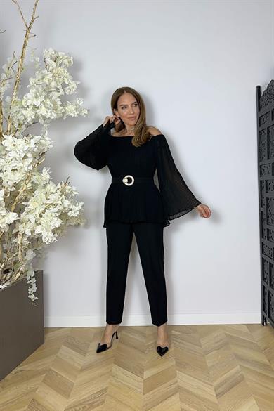 G1610 Piliseli Şifon Bluzlu Pantolon Takım Siyah