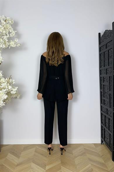 G1610 Piliseli Şifon Bluzlu Pantolon Takım Siyah