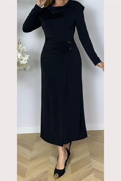 G1619 Drape ve Bel Detaylı Elbise Siyah