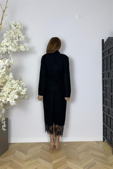 G1621 Düğme ve Dantel Detaylı Etek Ceket Takım Siyah