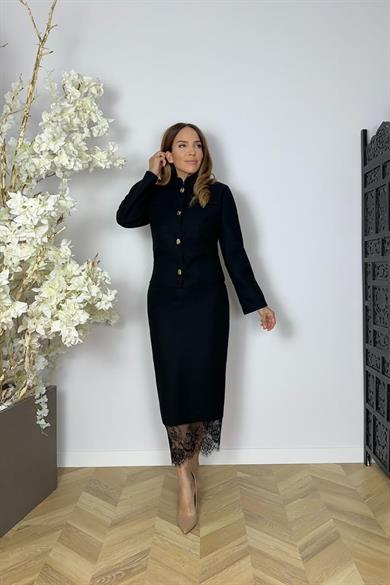 G1621 Düğme ve Dantel Detaylı Etek Ceket Takım Siyah