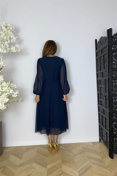 G1622 Broş Detaylı Şifon Abiye Elbise Lacivert