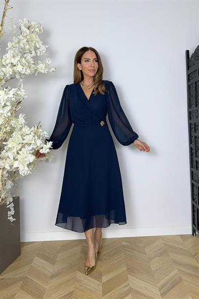 G1622 Broş Detaylı Şifon Abiye Elbise Lacivert