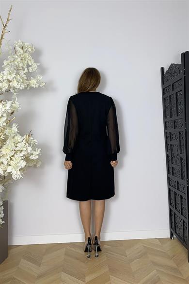 G1623 V Yaka Taş Detaylı Elbise Siyah