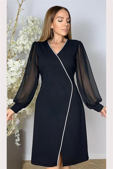 G1623 V Yaka Taş Detaylı Elbise Siyah