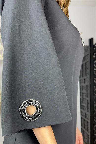 G1624 Taş ve Boncuk Detaylı Abiye Elbise Siyah