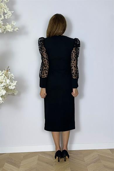 G1627 Puantiye Kol Detaylı Kalem Elbise Siyah