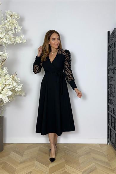 G1628 Kruvaze Yaka Kol Detaylı Kloş Elbise Siyah