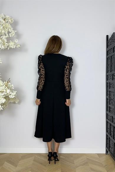 G1628 Kruvaze Yaka Kol Detaylı Kloş Elbise Siyah