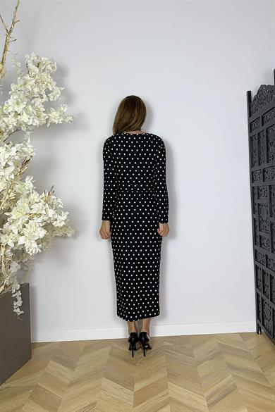 G1629 Kare Yaka Kemer Detaylı Elbise Puantiye