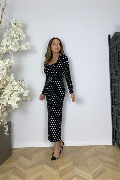 G1629 Kare Yaka Kemer Detaylı Elbise Puantiye