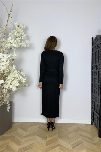 G1629 Kare Yaka Kemer Detaylı Elbise Siyah