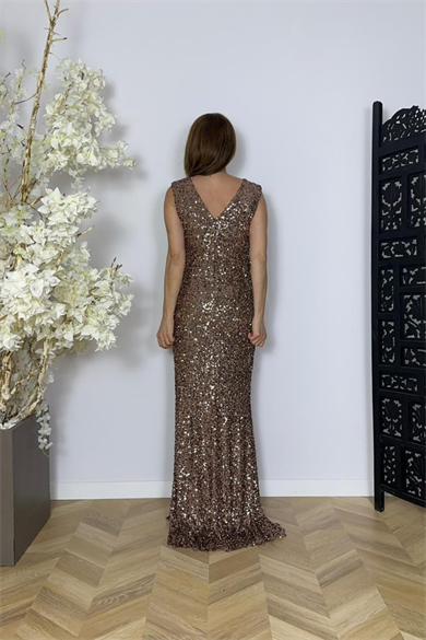 G1711 Drape Detaylı Payet Abiye Elbise Bronz