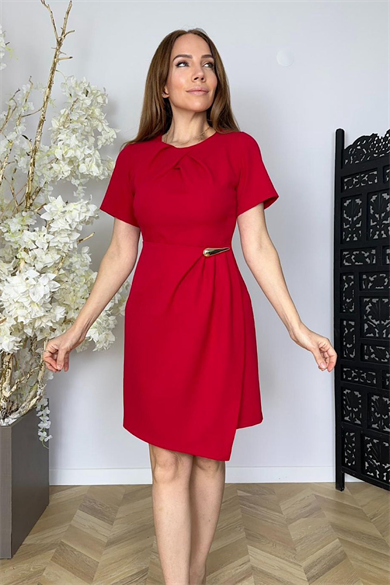 G1730 Yaka ve Bel Detaylı Kalem Elbise Kırmızı