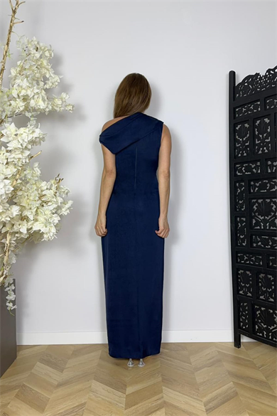 G1737 Tek Omuz Drape Detaylı Abiye Elbise Lacivert