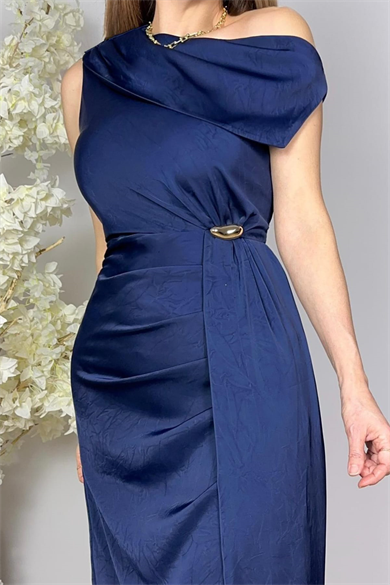 G1737 Tek Omuz Drape Detaylı Abiye Elbise Lacivert