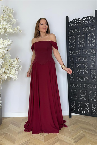 G1746 Tasarım Maksi Şifon Abiye Elbise Bordo