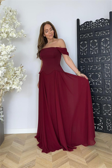 G1746 Tasarım Maksi Şifon Abiye Elbise Bordo