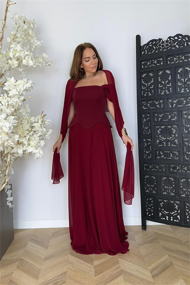 G1746 Tasarım Maksi Şifon Abiye Elbise Bordo