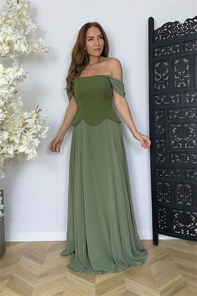 G1746 Tasarım Maksi Şifon Abiye Elbise Haki