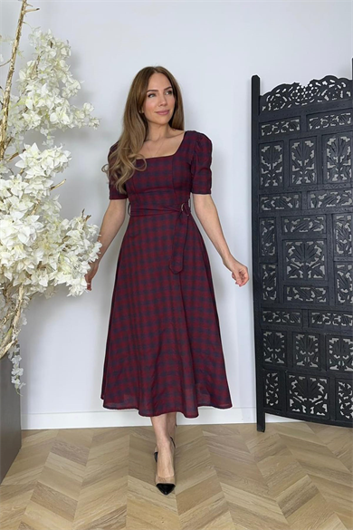 G1750 Kare Yaka Kloş Elbise Bordo