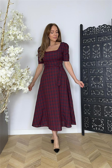 G1750 Kare Yaka Kloş Elbise Bordo