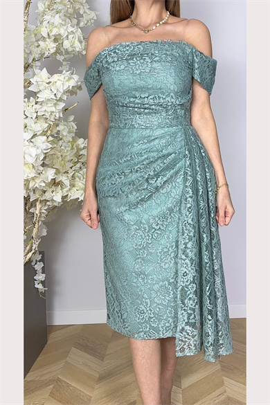 G1754 Drape Detaylı Dantel Tasarım Elbise Mint