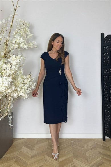 G1762 Drape ve Taş Detaylı Volanlı Abiye Elbise Lacivert