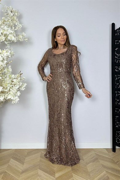 G1779 Kalp Yaka Maksi Payet Elbise Bronz