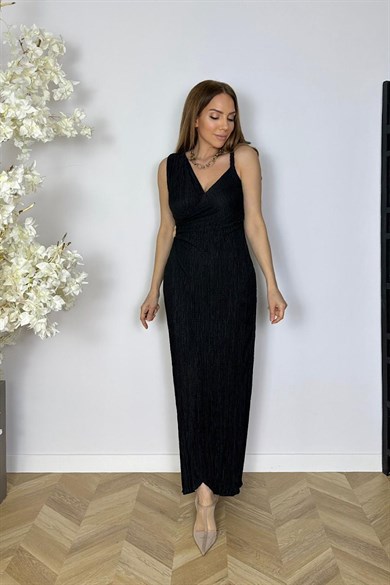 G1782 Drape ve Broş Detaylı Tasarım Elbise Siyah