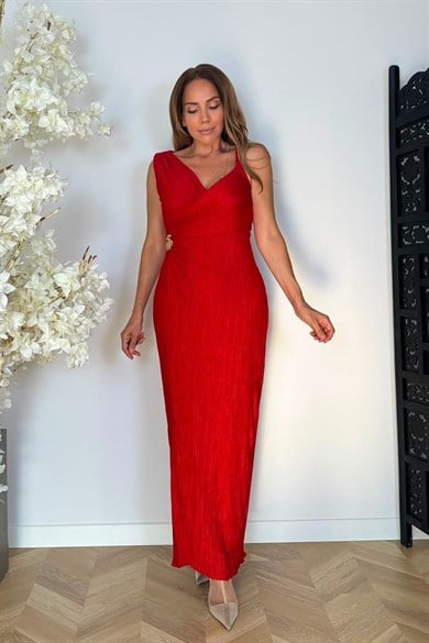 G1782 Drape ve Broş Detaylı Tasarım Elbise Kırmızı