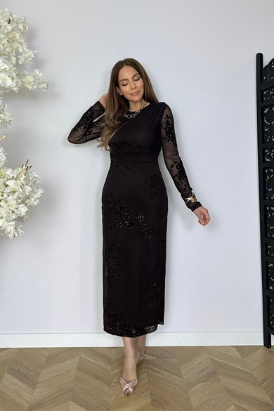 G1789 Flok Baskı Drape Detaylı Elbise Kahverengi