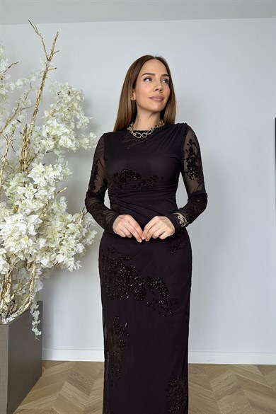 G1789 Flok Baskı Drape Detaylı Elbise Kahverengi