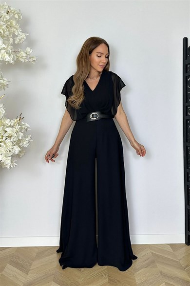 G1792 Şifon Detaylı Kemerli Tulum Siyah