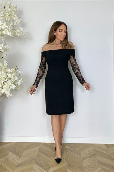 G1807 Madonna Yaka DAntel Kollu Abiye elbise Siyah